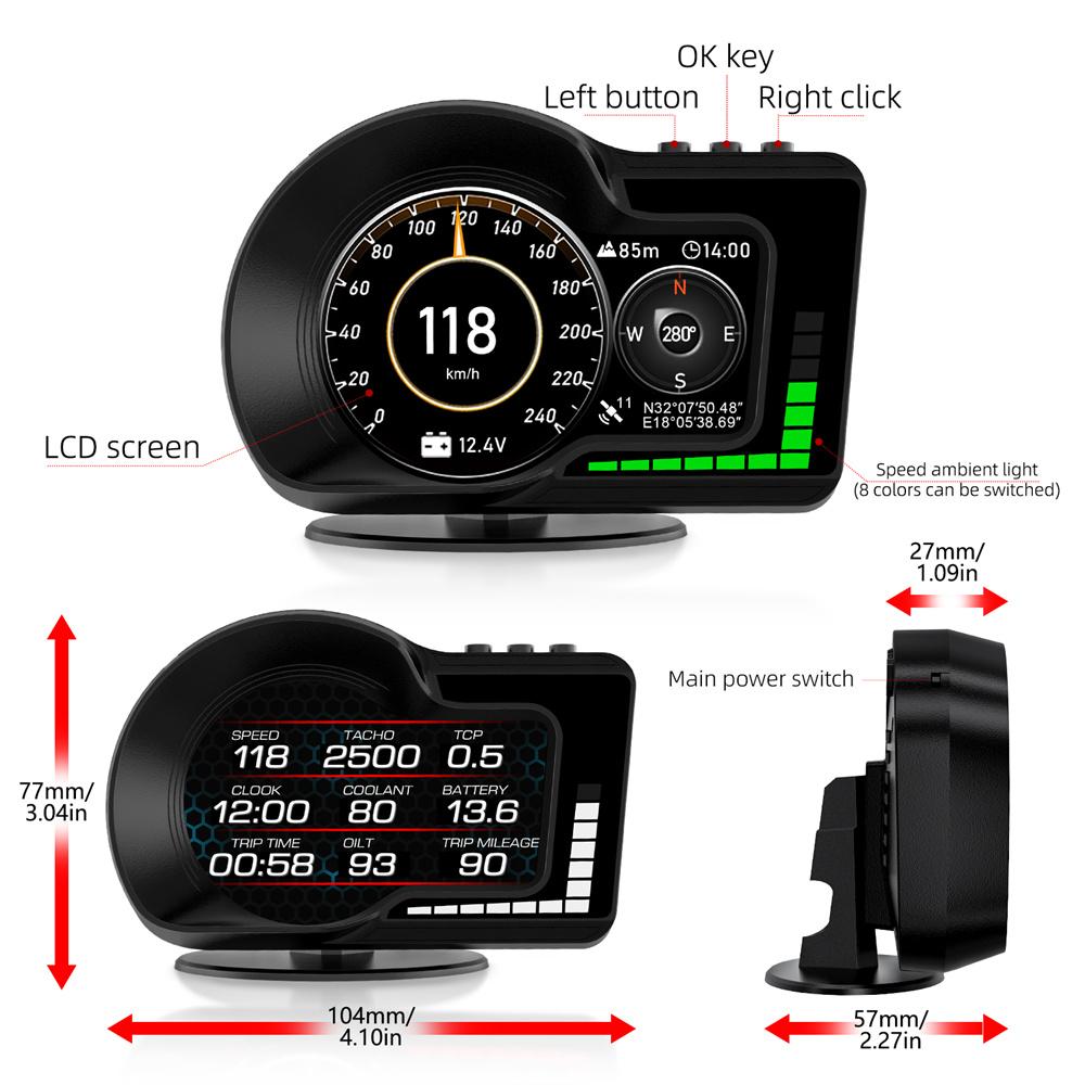 Car HUD OBD+GPS Gauge 6 Alarm Functions Accelerated Test Brake Test Universal