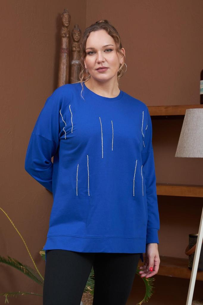 Damen Stil Übergröße Sweatshirt Stein Detailliert Schlitz Übergröße Schwarzes Sweatshirt