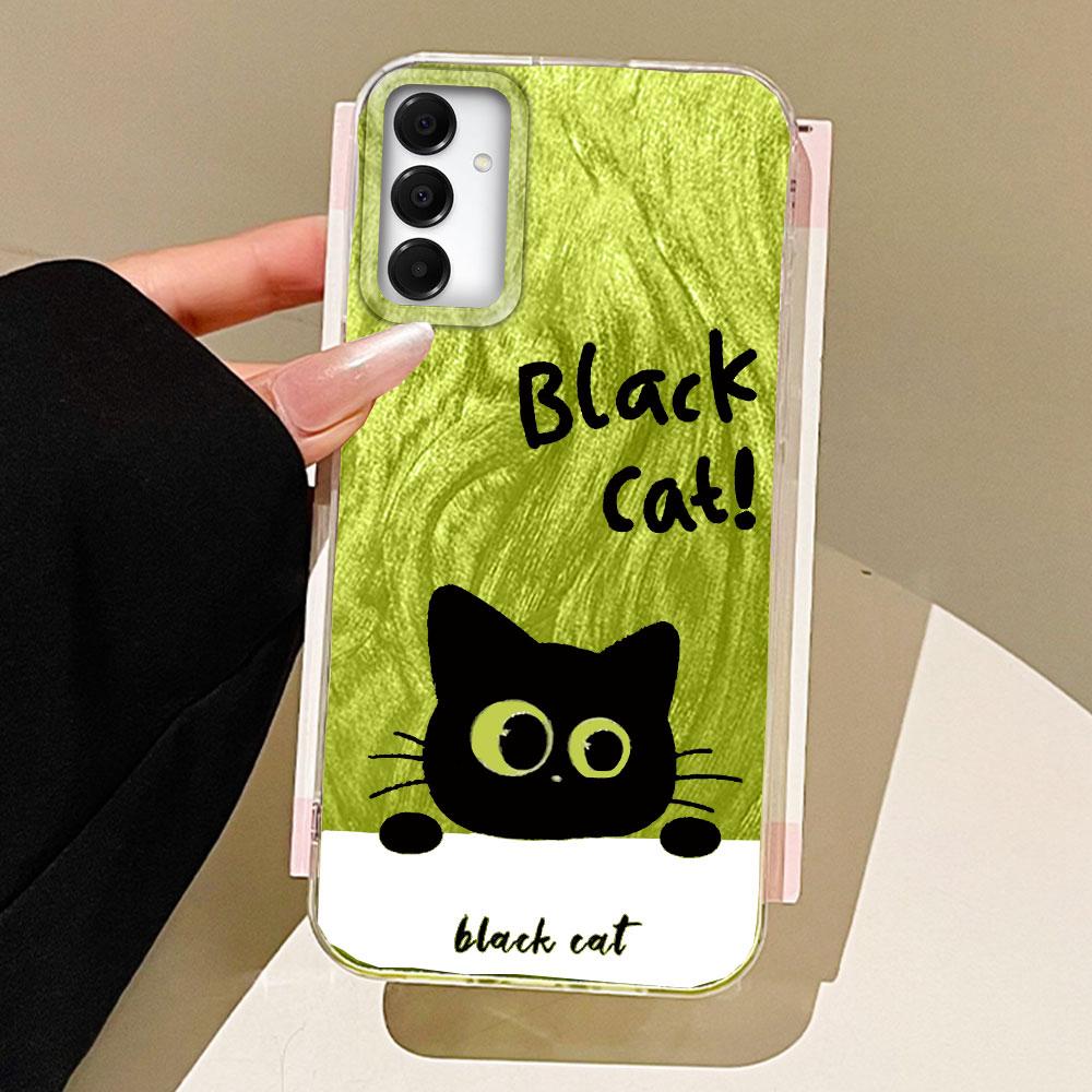 Green Cute Black Cat Camlet Texture Phone Case for Samsung Galaxy A55 A56 A36 A26 A16 A53 A06 A14 A24 A34 A54 A15 A25 A35 Cover
