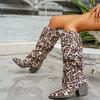 Stylish Square Heel Stack Boots Autumn New Pointed Leopard Print Anti-slip Wear-resistant Sleeve Tall Boots