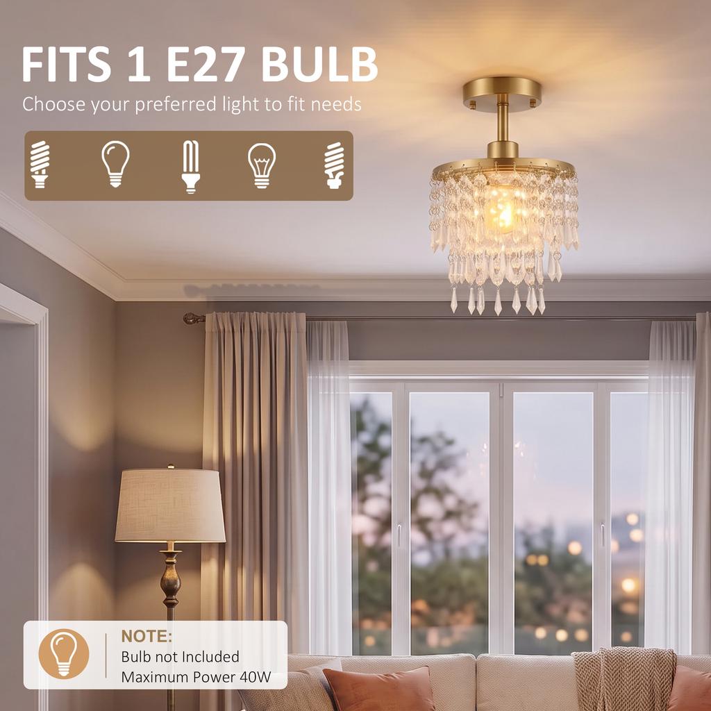 Crystal Ceiling Light with 57 Crystal Strands, Ceiling Light with Mounting Plate for Hallway, Gold Tone