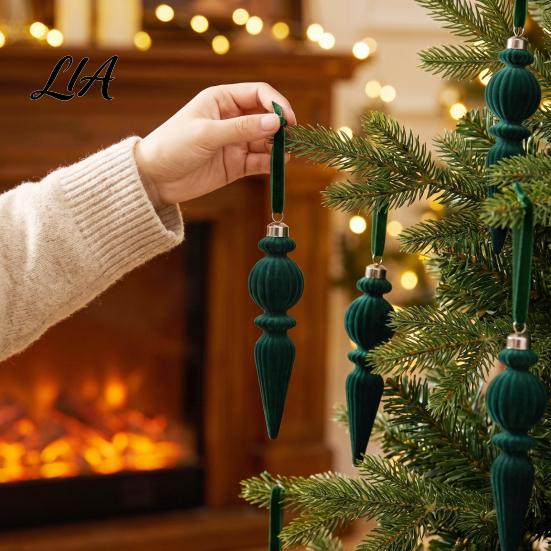 Retro Icicle Hanging Decorations 6Pcs Christmas Flocked Pendant with Lanyard, Creative Tree Hanging, French Vintage Style Baubles Shape Ornaments for