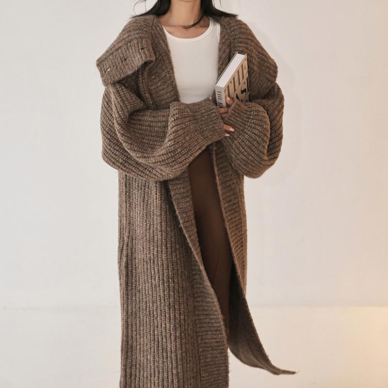 Herbst Frühling Cardigan Mäntel Damen Unifarben Langarm Locker Vintage Gestrickt Sanft Knöchellang Temperament Damen Streetwear