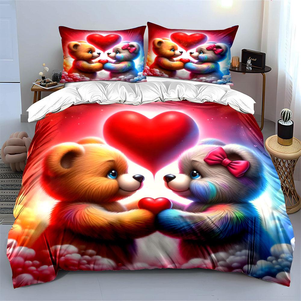 Two Teddy Bears Holding Heart Print Bedding Set 1 Duvet Cover 2 Pillowcases for Adult and Children Luxury Gift Full Size