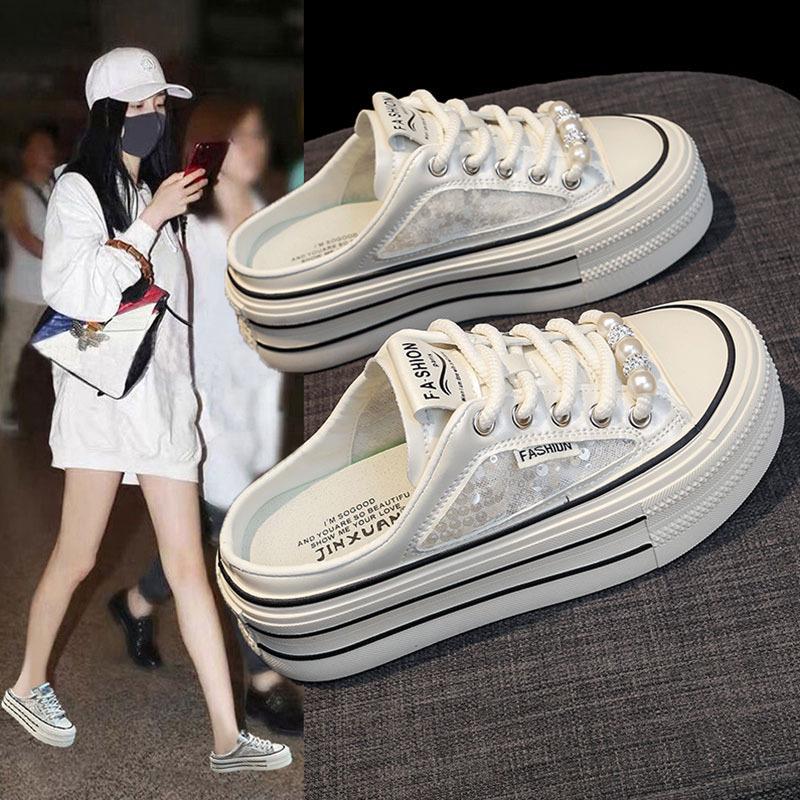 Pearl Embroidered Canvas Half-drag Women 2025 New Summer Wear Thick Soles, One Pedal, Bag Head, No Heel, Little White Shoes