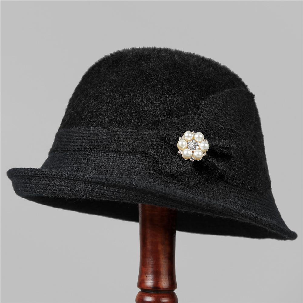 

Elegant Mom Hat Ladies Autumn Warm Winter Knitted Basin Hat Old Lady Grandma Bucket Hat M（56-58cm） чорний