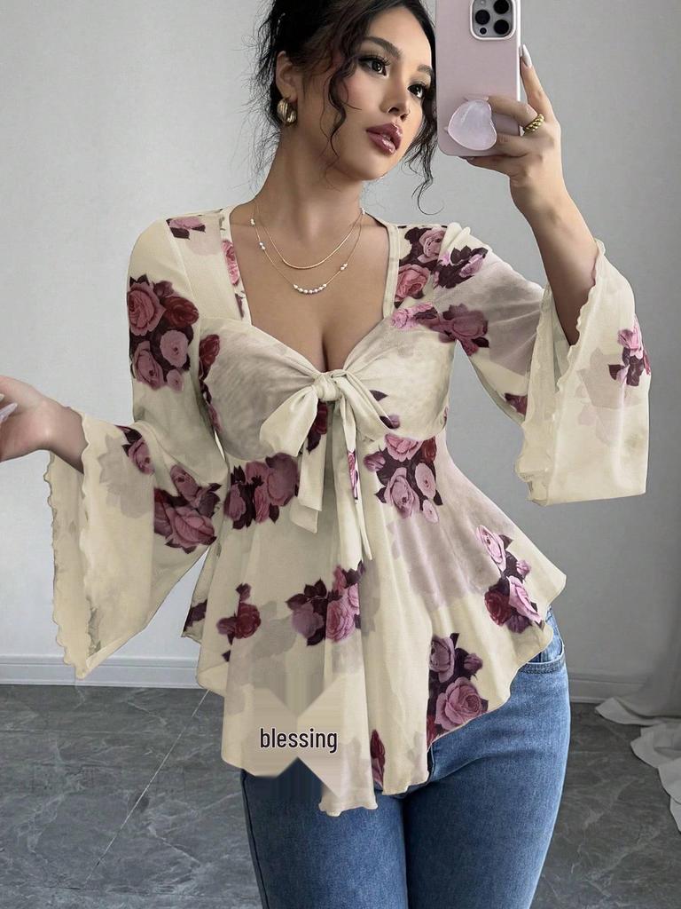 French Floral Asymmetrical Hem Mesh Shirt - Elegant, Sexy, Casual Vacation Top