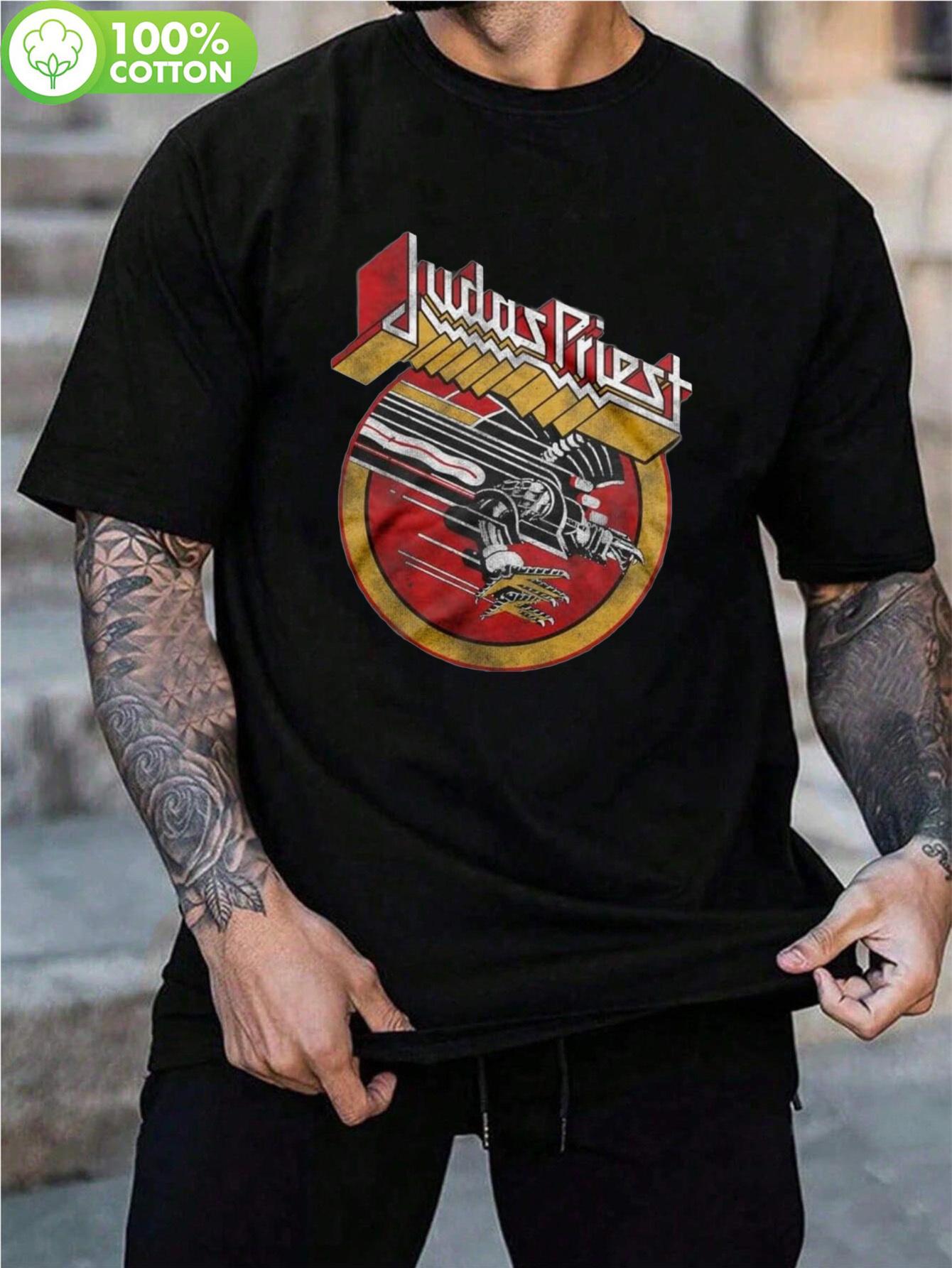 

Vintage Judas Priest Tour Logo Graphic T-shirt - 100% Cotton Regular Fit Black Band Tee with Red & Yellow Winged Design XXL