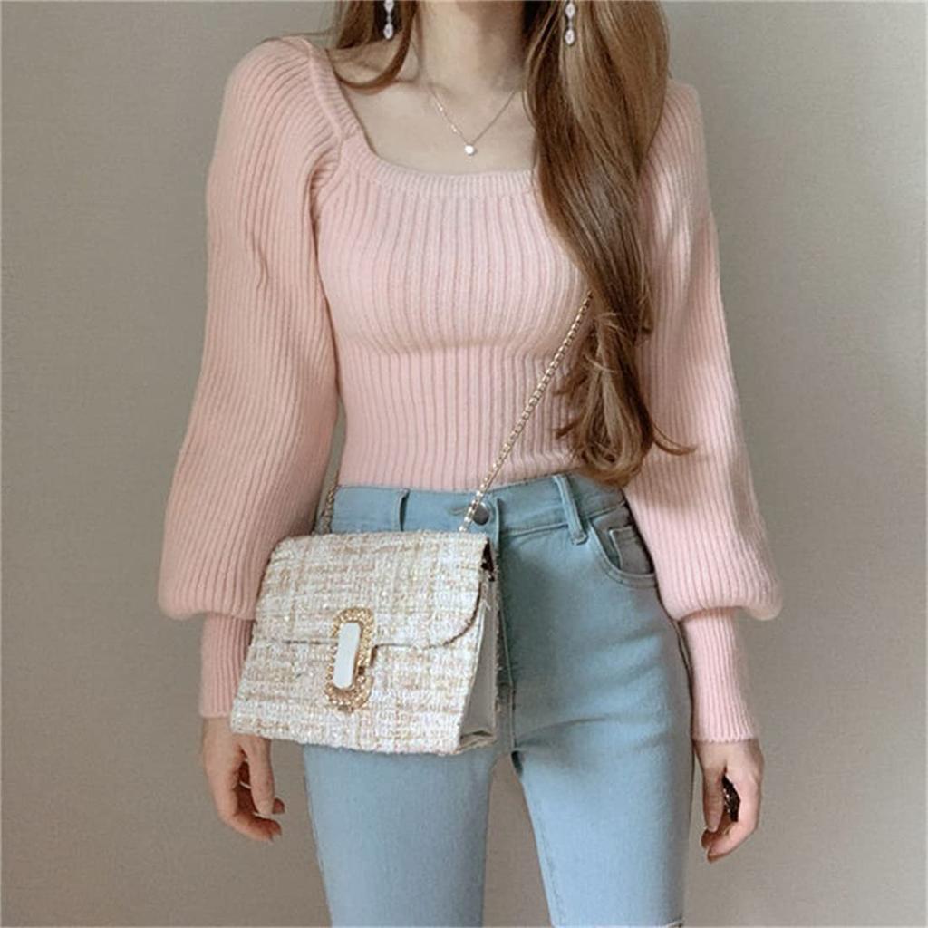 CREAM Knit Pullover Square Long Bubble Puff Solid Casual Everyday Korean Harajuku Elegant One Women's Sweater, Top, Neck, Sleeves, Sleeves, Sleeves,