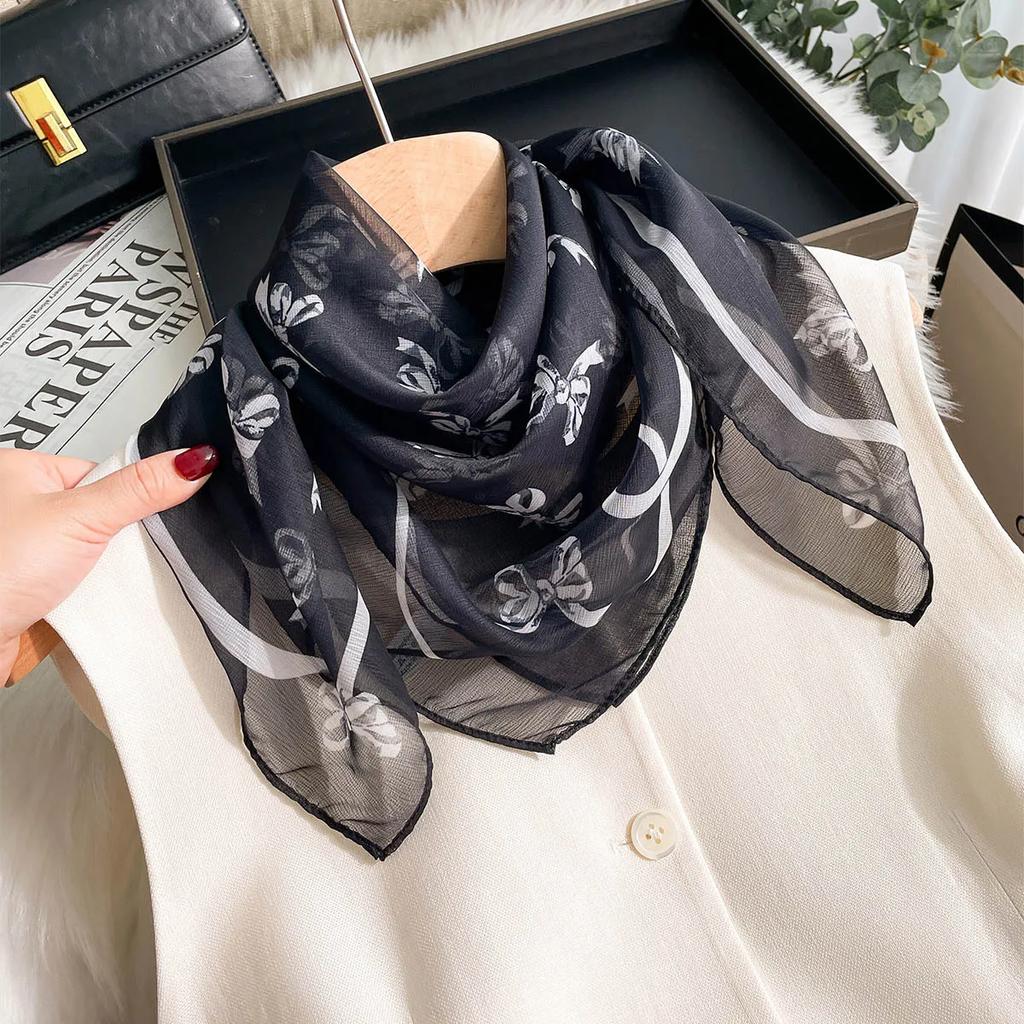 1Pc luxury Bandana Neckerchief Bow Tie Print Square Scarf Women Spring/Summer Soft Satin Scarf Hijab For Travel Beach