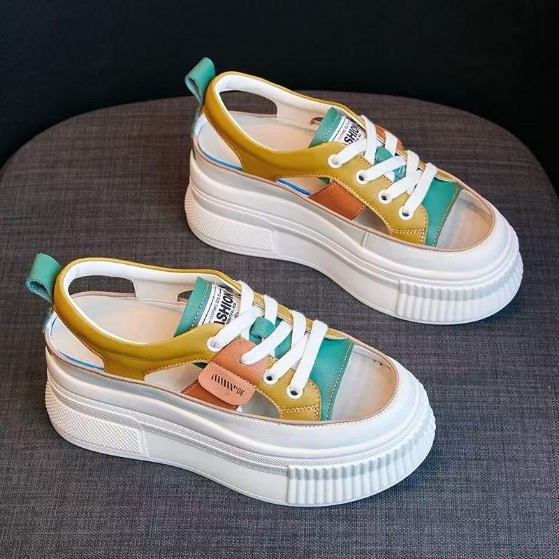 Summer New Leather Hollow Out Casual Sports Sandals Women Thick Sole Non Slip Breathable Lace Up Open Toe Casual Board Shoes