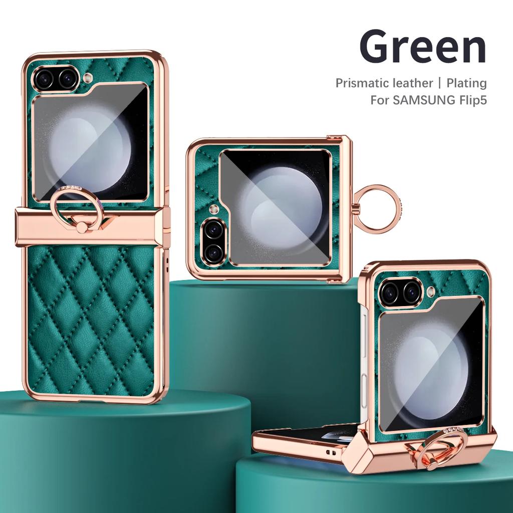 Electroplated Ring Leather Phone Case for Samsung Galaxy Z Flip 7 6 5 4 3 Flip6 Flip5 Flip4 Flip3 5G Shockproof  Holder  Cover