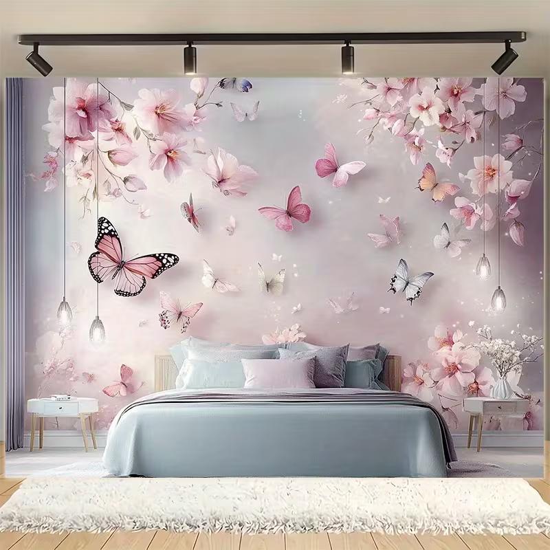 2D Romantic Cherry Blossom & Butterfly Tapestry Living Room Background Cloth