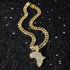 Iced Out Afrika Karten Anhänger Halskette Legierung Gold Plated Strass Cuban Link Kette Hip Hop Afrikanisches Erbe Street Charm Schmuck