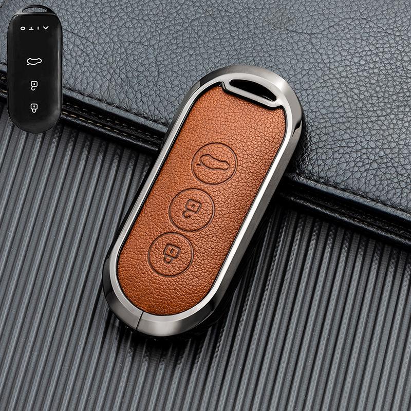 Business Style Double-Sided Leather Key Shell for AITO M7/M5 EV 2022 Model - Full Coverage Metal Car Key Case