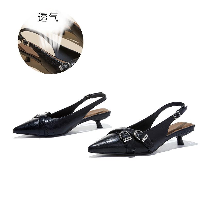 

First layer sheepskin insole pointed fashion single shoes spring new versatile temperament belt buckle thin heel sandals women 35 чёрный