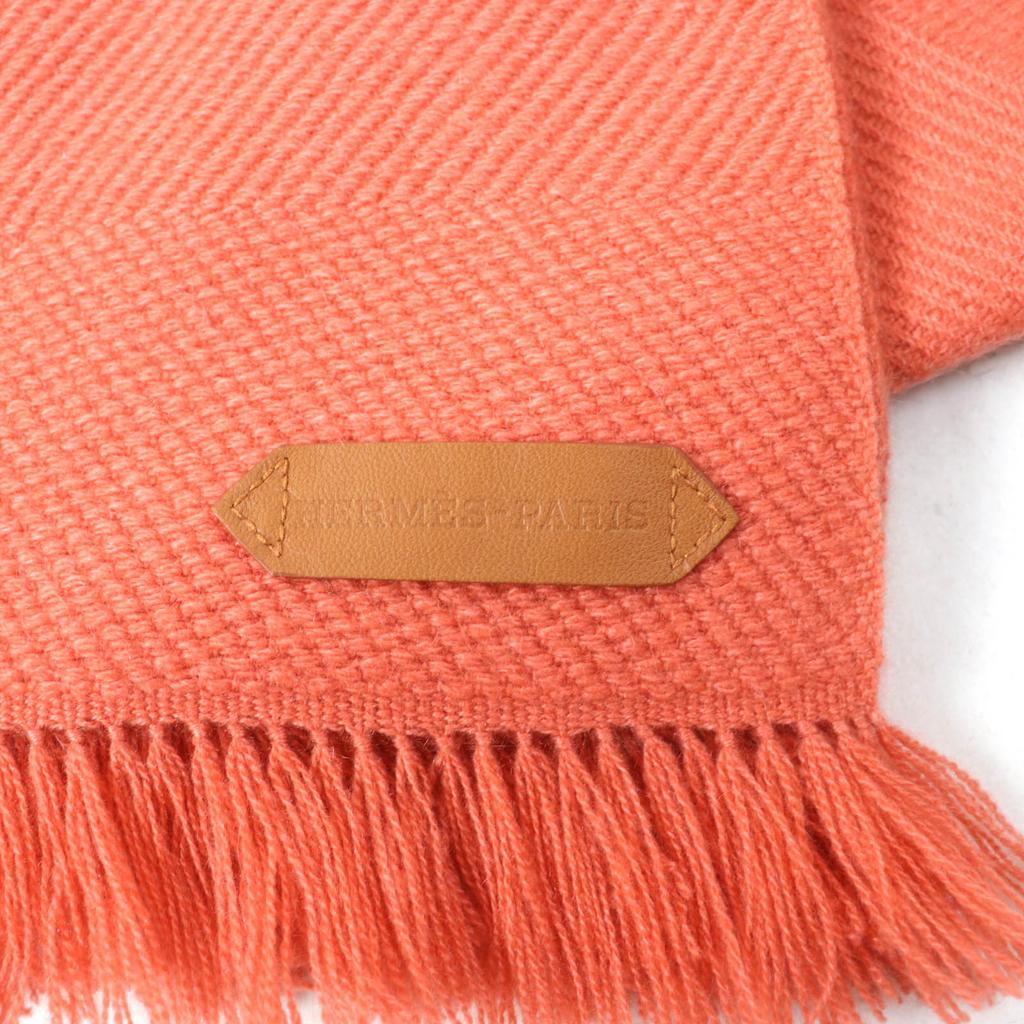 Pristine HERMES Scarf Grand Chevron Leather Logo Patch and Fringe Scarf Cashmere Used