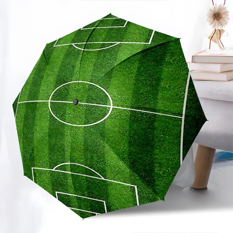 1pc Soccer Field Design Automatic Folding Umbrella, Portable Tri-Fold Design with Iron Frame, Perfect Gift for Fans, Travelers, Daily Use, Ideal for O
