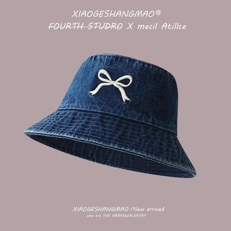 Embroidered bucket hat women travel sunscreen sunshade denim basin hat fashion new sweet bow