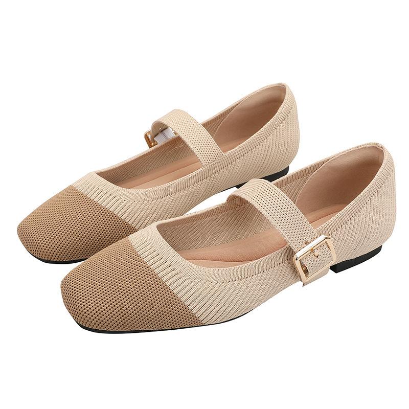 Spring and Autumn Flying Knitting One-word Buckle Belt Mary Jane Shoes Women's Knitting Square Head Flat Bottom Single Shoes Shallow Mouth Casual