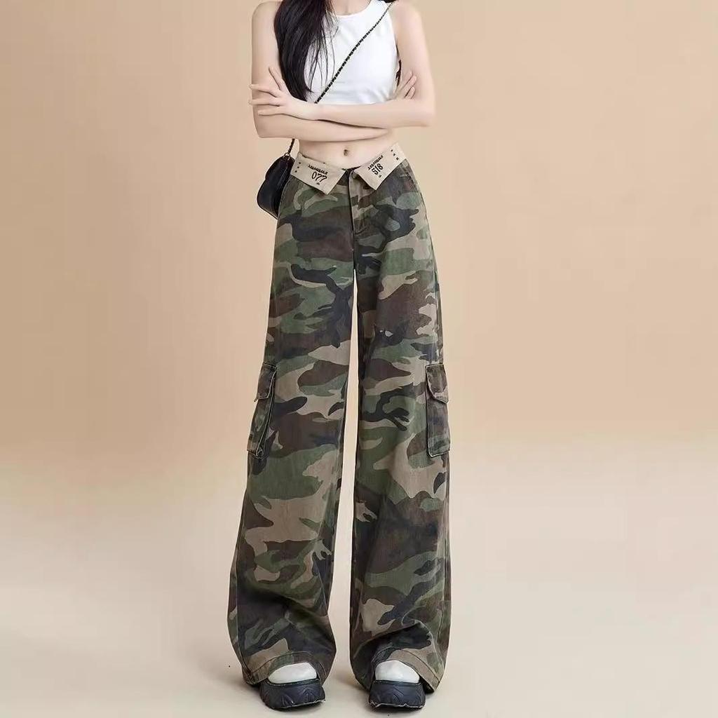 Women's Retro High-Waist Camo Wide-Leg Jeans - Autumn 2024 Loose Cargo Trend