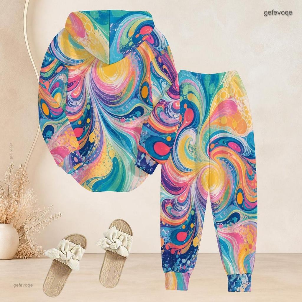 Women Plus Size Two Piece Set Hooded Long Sleeve Top Cuffed Pants Pink Gradient Printed Casual Tracksuit