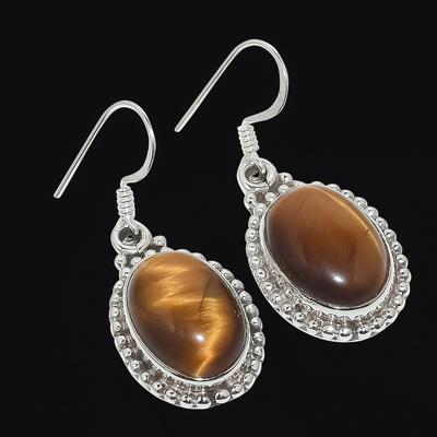 Φυσικός Λίθος Μάτι της Τίγρης 925 Μασίφ Ασήμι Δώρο Σκουλαρίκι 1.26" G3P70