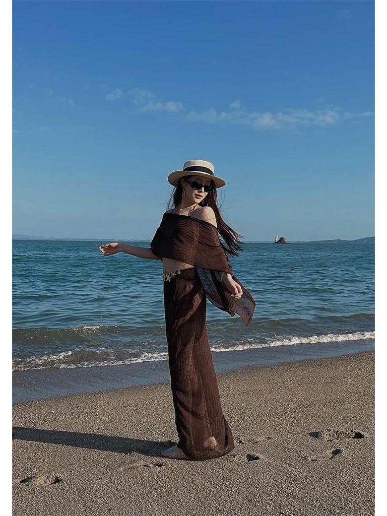 Melanoid Retro Coffee Split Bikini Set: 4-Piece Long Skirt Swimsuit with Flaw Covering, Slimming Fit & Sun Protection for Summer