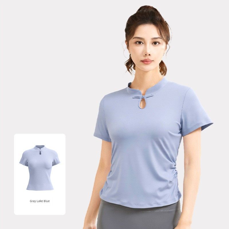 

Топ для йоги с принтом в национальном стиле, женский, с нагрудными вкладышами, красивая спина, цельный, быстросохнущий, верхняя одежда, 2025, градиентный цвет, сексуальный слинг [Short sleeve] Gray Lake Blue M (47.50 kg-52.50 kg