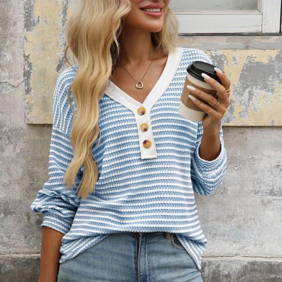 Women T-shirt V-neck Long Sleeve Buttons Half Closure Pullover Tops Color Block Splicing Design Casual Tops Daily Wear