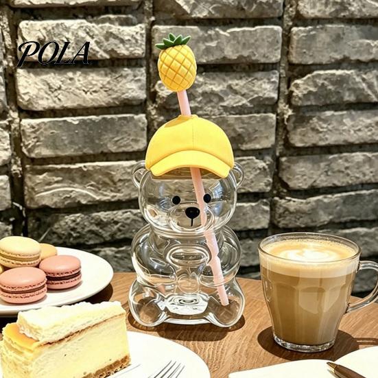 Removable Straw Heads Cute Bear Glass Cup with & Lid, 500/591ml Plastic/Glass Water Bottle for Cold/Hot Drinks, Pattern Coffee Mug Adults, Home Office