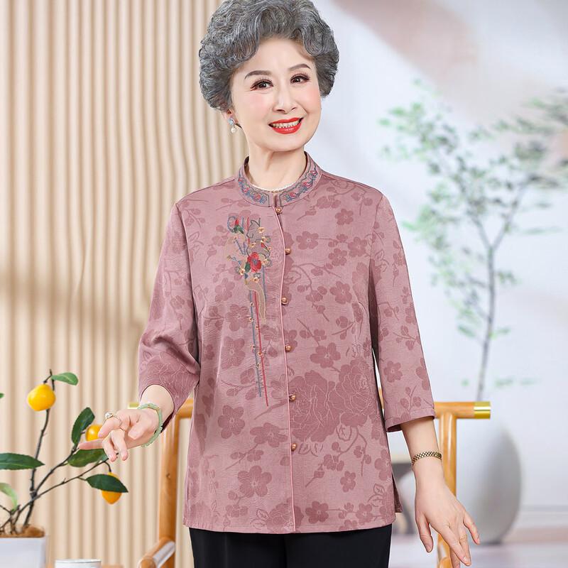 Elderly Women's Embroidered Seven-Quarter Sleeve Summer Shirt