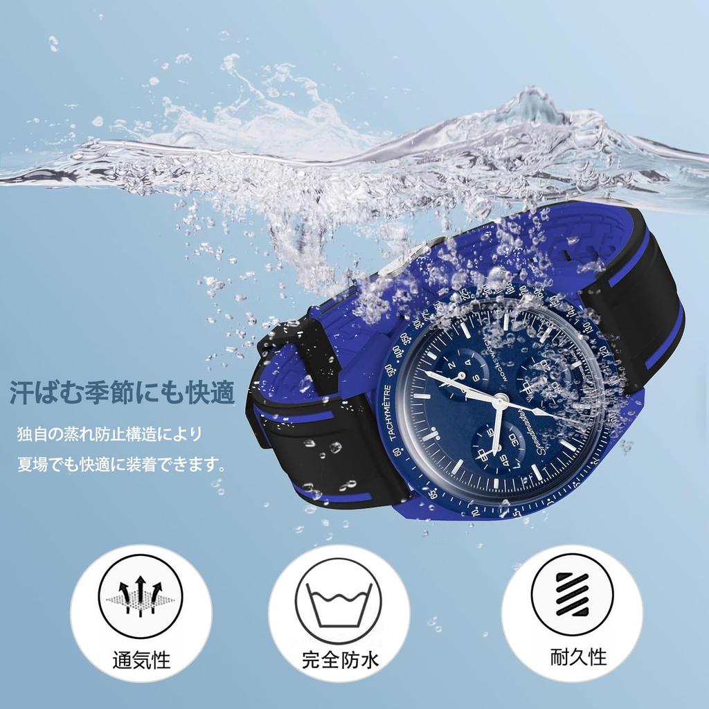 Jumpsunfun 20mm Watch Band for Swatch X OMEGA Speedmaster Silicone Watch Strap with Quick Release Replacement Black and Blue Lines MoonSwatch, Tool,