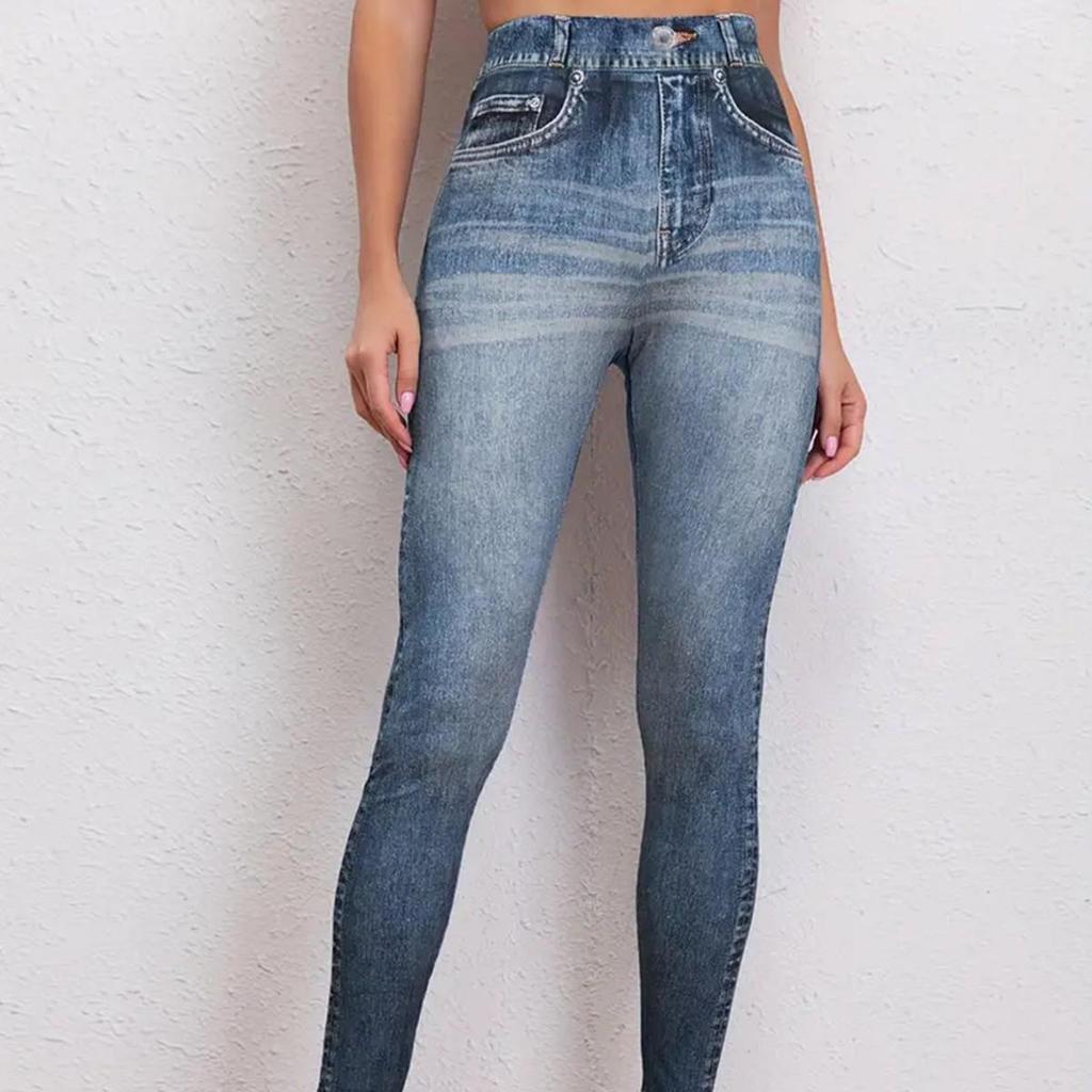 Vintage High-Elastic Faux Denim Yoga Pants for Women