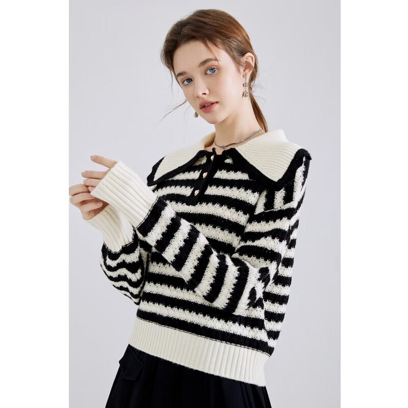Qiu Shui Yi Ren Women's Lapel Striped Knit Sweater