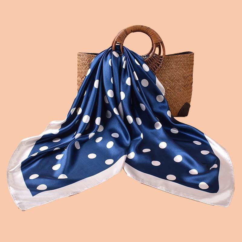 

Женский геометрический шарф с кругами, горошком и квадратами, летний легкий атласный платок для головы, шаль, модный аксессуар, печатный шейный платок 90*90cm синий