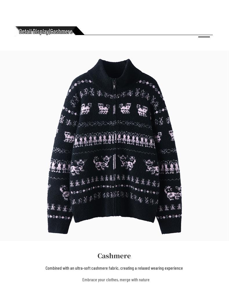 Women's Color Block Cashmere Sweater: Autumn/Winter Jacquard Loop Yarn Half-High Collar Zipper Cardigan