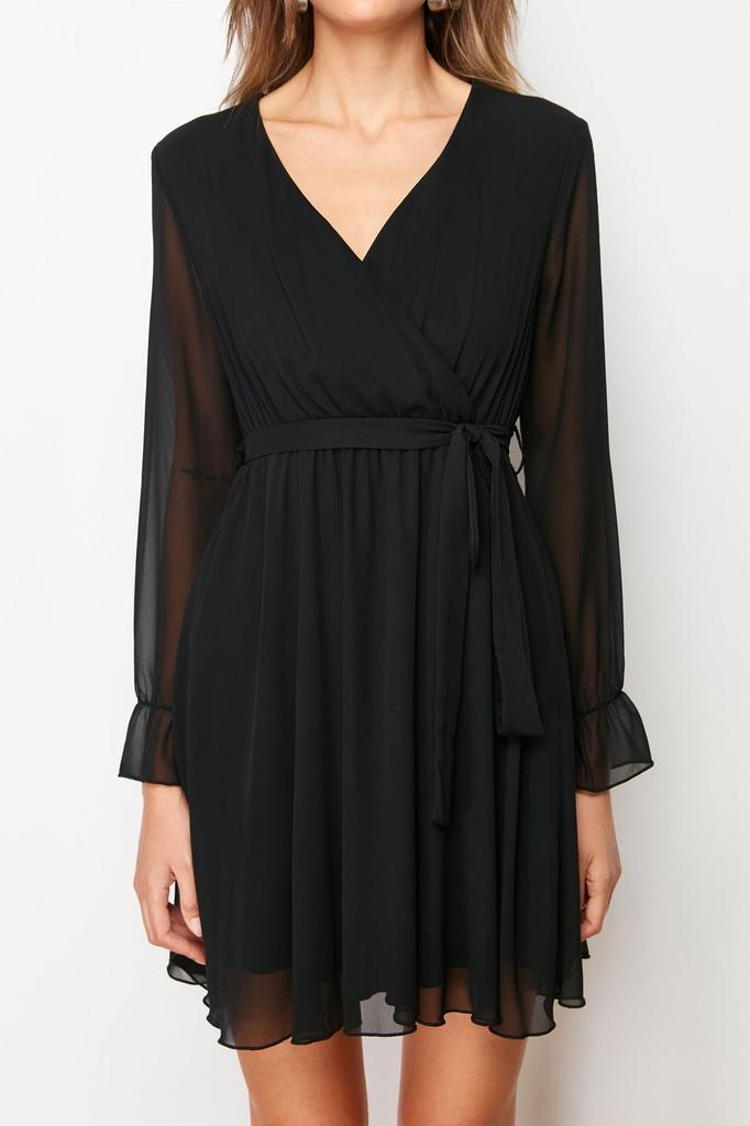 Women's Style Dress Black Belted Double Breasted Woven Dress