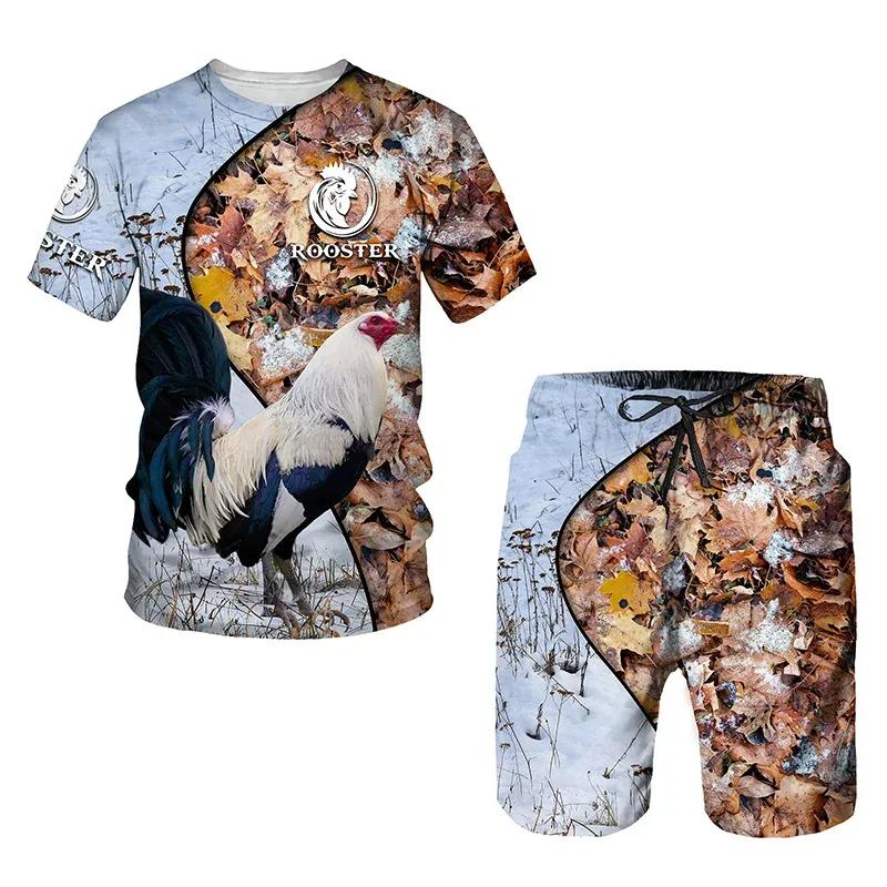 2024 Men's T-shirts Shorts Sets Chicken Graphic 3D Rooster Printed Tracksuit Outfits Fashion Man