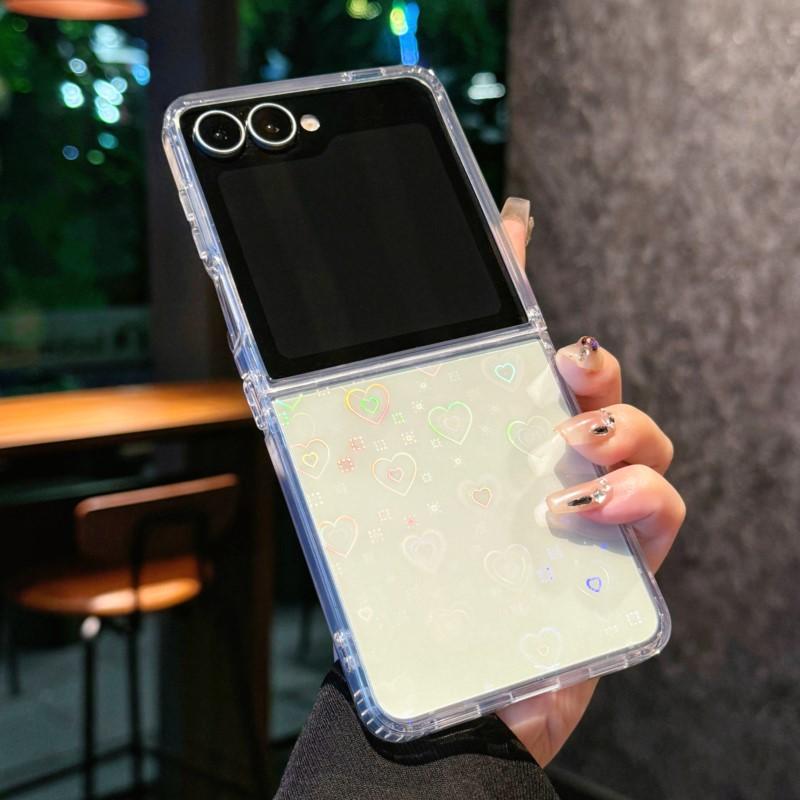 Holographic Laser Love Heart Clear Phone Case For Samsung Galaxy Z Flip 7 FE 6 5 4 3 Hard Clear Cover For Samsung Z Flip7 Flip6