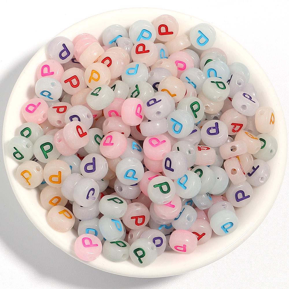 100Pcs/Lot 7mm Acrylic Luminous Beads Translucent Colorful Letter A-Z Flat Round Beads Diy Fashion Bracelet Necklace  Jewelry