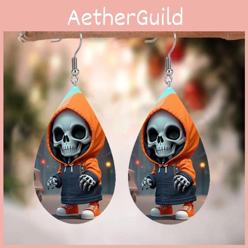 Themed Halloween Hooded Jacket Skull Pattern Droplet Shaped Acrylic Earrings