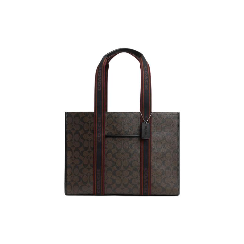 

COACH shoulder bag 42 Simple classic presbyopic logo nameplate snap coated canvas and smooth leather Tote Tote shopping handbag large size women s кавовий