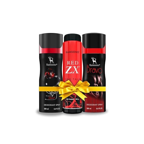 

RAMSONS Комбо Део Тальк | 1 Спрей-дезодорант Bravo - 200 мл | 1 Спрей-дезодорант Sexy Heart - 200 мл | 1 RED ZX Део Тальк - 100 г | Комбо-набор из 3 штук