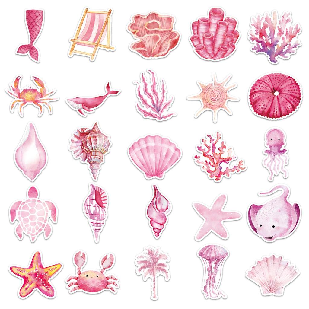 50 Pink Ocean Sea Turtle & Jellyfish Stickers for Water Cups, Desktops & Headphones