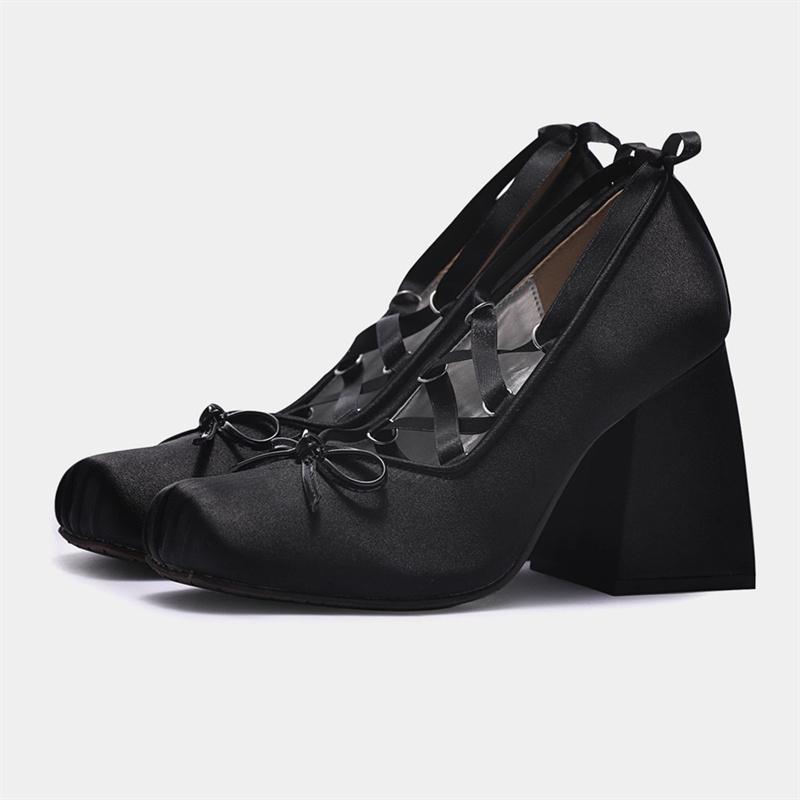Seiden Quadratische Zehenspitze Damen Hoher Absatz Ballerinas Schnürung Mode Damen Pumps Klobige Absätze Lolita Schuhe Damen Mary Janes Schuhe