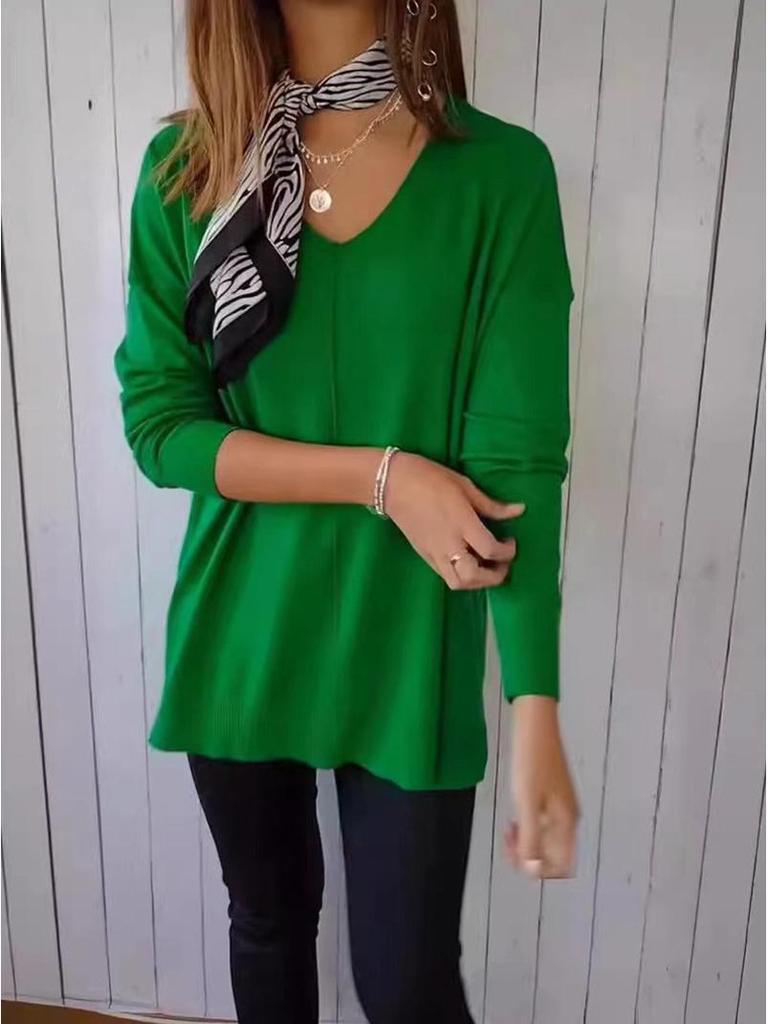 Women's Long Sleeve V-Neck Knitwear: European & American Style Loose Fit Solid Pullover Top
