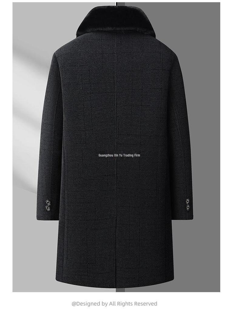 Men's Mid-length Woolen Coat - Thickened Chenille Jacket for Middle-aged & Elderly, Plus Velvet Winter Top