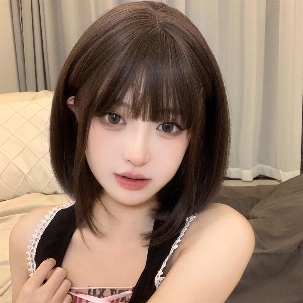 Eileen Bob Cold Brown Wig Natural Fluffy Wig Straight Small Face Effect Net Included Women's