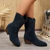 New Pointed European and American Rivets Blue Leather Boots Side Zipper Fashion Boots Short Boots Middle Heel